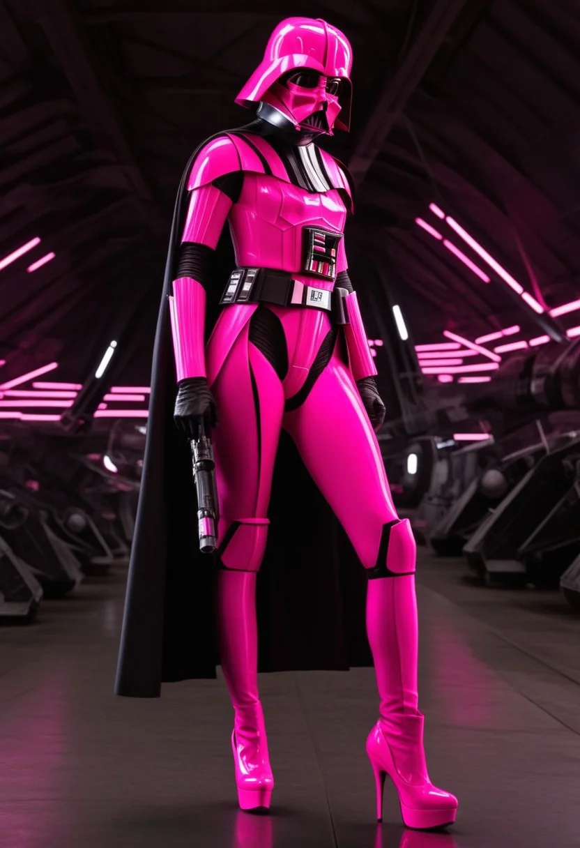 score_9, score_8_up, score_7_up, score_7, score_6_up, photo, detailed, full body, tack sharp, sharp focus, raw, realistic, highest quality, masterpiece, solo, Darth Vader in neon pink uniform, high heels, pink helmet on, very detailed dynamic Star Wars hangar as background, ((nsgzz, "BUZZ" (text), caps font, text focus, text, neon sign, white text, pink theme, glow)), d3t41l3d, full body