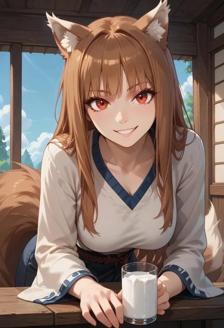 score_9,score_8_up,score_7_up, 1futa, holo, kitsune, brown hair,long hair,red eyes, wolf girl,wolf ear,wolf tail, large fluffy tail, large breasts, lean athletic build, inviting smile, milk jug behind her,
leaning forward, looks at viewer,