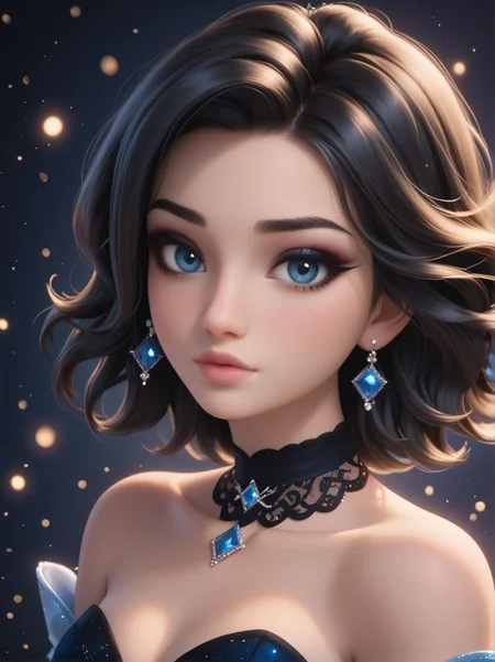 woman, looking at viewer, dark background, bare shoulders, choker, eyeliner, seductive, flirtatious, floating hair, floating particles, detached sleeves, elegant, close, <lora:Zcus1:0.25> black hair, blue eyes, medium hair, full lips,