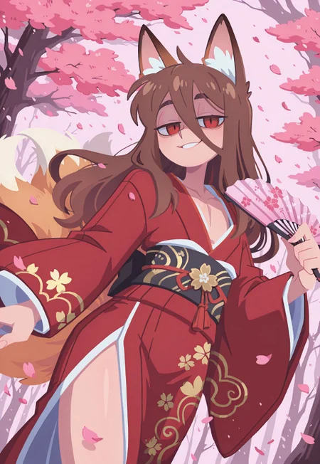 Sfw, safe_pos, highest quality, masterpiece, intricate details, highly detailed, deep red drapped kimono with gold embroidery, embroided kimono, japanese fan, dutch angle, cowboy shot, dynamic shot, dynamic pose, 1 boy, solo, otoko no ko, flat chest, pectorals,  brown fox ears, long hair, long bangs, brown hair, fox tail, nine tails, masculine eyes, masculine face:0.8, average physique, tall, yandere, smirk, chiaroscuro, very awa, t4kar4i_illu, no_outlines,no lineart, vanripper:0.2, cherry blossom, petals, pink atmosphere