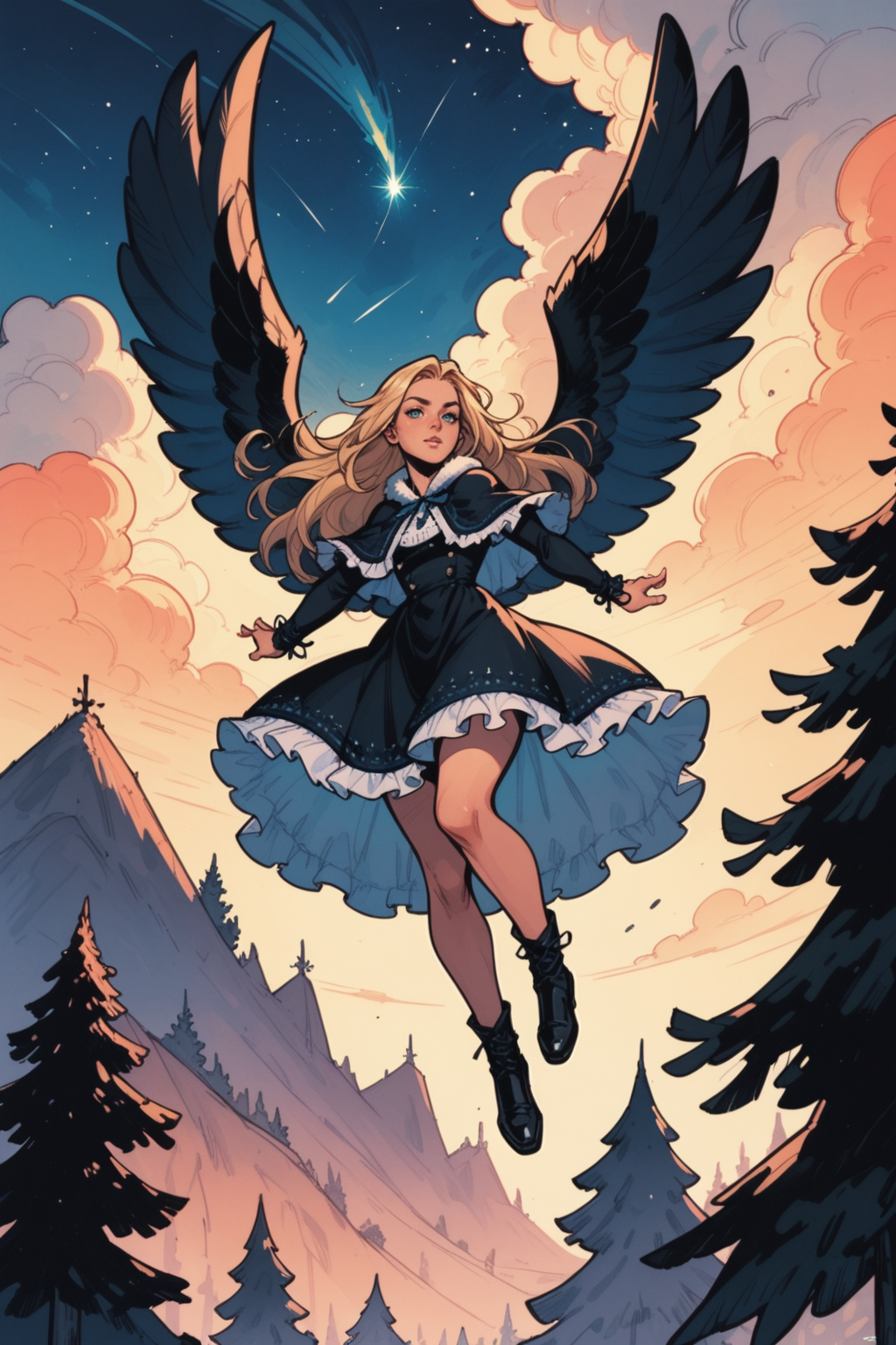 1girl, wings, long hair, solo, tree, dress, outdoors, sky, black dress, very long hair, pine tree, black wings, blonde hair, feathered wings, long sleeves, night, frills, full body, looking at viewer, flying, cloud, star \(sky\), frilled dress, night sky, capelet, zPDXL3,  PnyCmicXLPOS, detailxl,