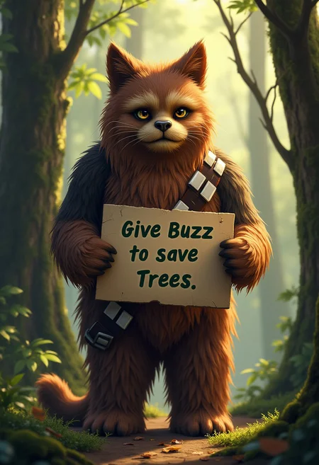 Digital art, fantasy illustration of a chewbacca with the head of a cat, the creature is standing in a dense forest, holding a sign that say "Give Buzz to save Trees". The wookie fur is a mix of the cat's fur pattern and chewbacca's brown fur, its eyes are feline with a piercing gaze, behind it are tall trees with thick trunks covered in moss, the ground is covered in fallen leaves and small plants, sunlight filters through the tree canopy casting dappled light on the creature. side lit, creative, ambient illumination, atmosphere, confident