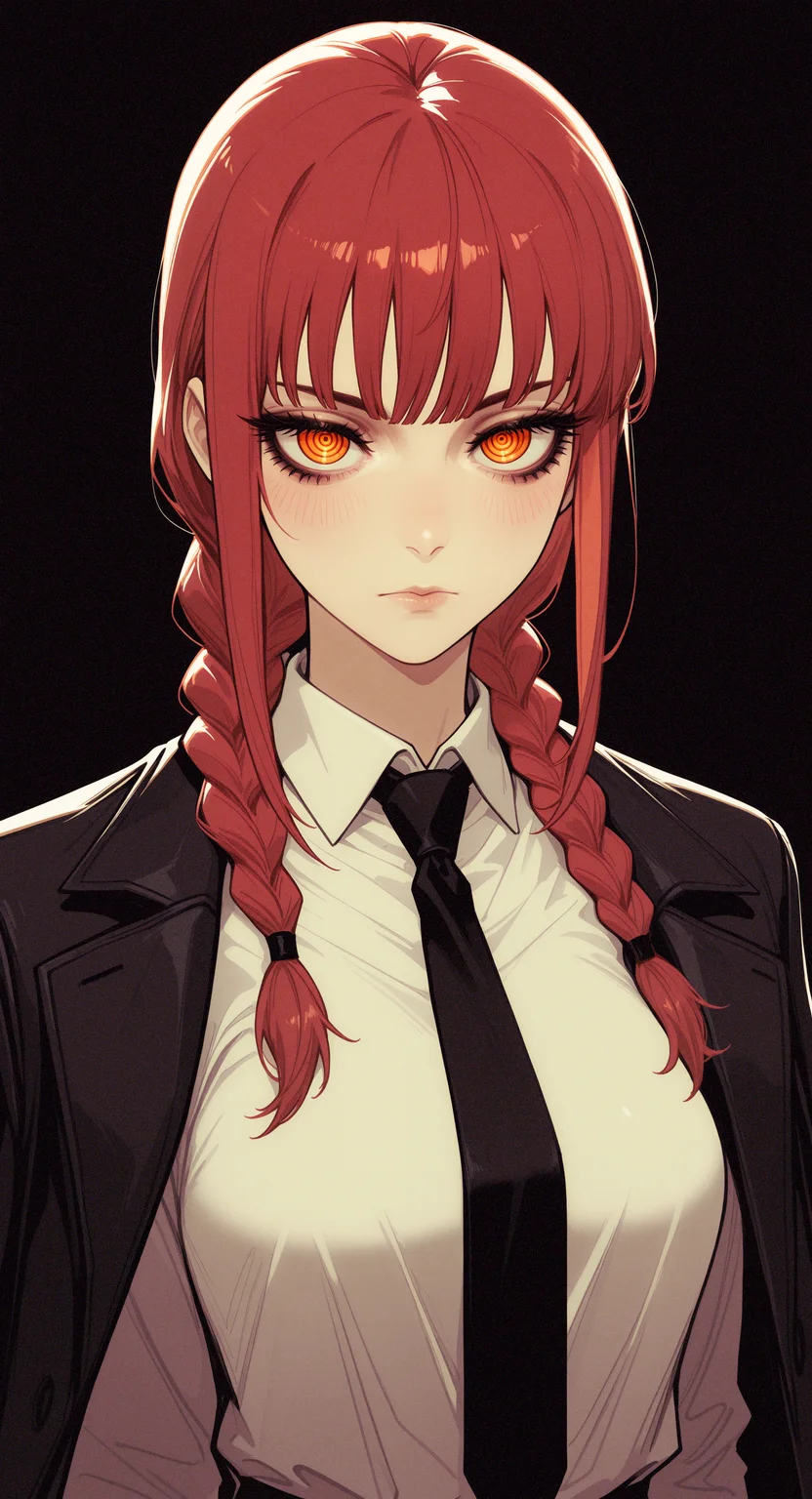 masterpiece, best quality, good quality, newest, highres, absurdres, makima \(chainsaw man\),
1girl, solo, long hair, blush, looking at viewer, simple background, shirt, closed mouth, jacket, white shirt, upper body, braid, red hair, necktie, collared shirt, blunt bangs, black jacket, twin braids, orange eyes, eyelashes, lips, formal, suit, black background, black necktie, hair over shoulder, serious, jacket on shoulders, ringed eyes, dark background, p4rsley-f_illu,
melanch0ly, retro anime,
afkArenaStyle <lora:illustriousXL_stabilizer_v1.23:0.3> <lora:NOOB_vp1_detailer_by_volnovik_v1:0.3> <lora:ponyv6_noobE11_2_adamW-000017:0.3> <lora:tenebriflora-wai:0.5> <lora:afkArenaIllustrious:0.75> <lora:MelancholyAnime:0.4>