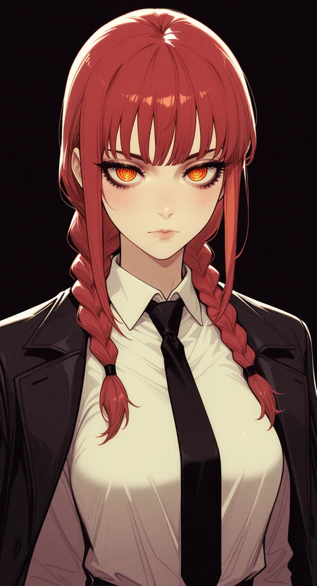 masterpiece, best quality, good quality, newest, highres, absurdres, makima \(chainsaw man\),
1girl, solo, long hair, blush, looking at viewer, simple background, shirt, closed mouth, jacket, white shirt, upper body, braid, red hair, necktie, collared shirt, blunt bangs, black jacket, twin braids, orange eyes, eyelashes, lips, formal, suit, black background, black necktie, hair over shoulder, serious, jacket on shoulders, ringed eyes, dark background, p4rsley-f_illu,
melanch0ly, retro anime,
afkArenaStyle <lora:illustriousXL_stabilizer_v1.23:0.3> <lora:NOOB_vp1_detailer_by_volnovik_v1:0.3> <lora:ponyv6_noobE11_2_adamW-000017:0.3> <lora:tenebriflora-wai:0.5> <lora:afkArenaIllustrious:0.75> <lora:MelancholyAnime:0.4>