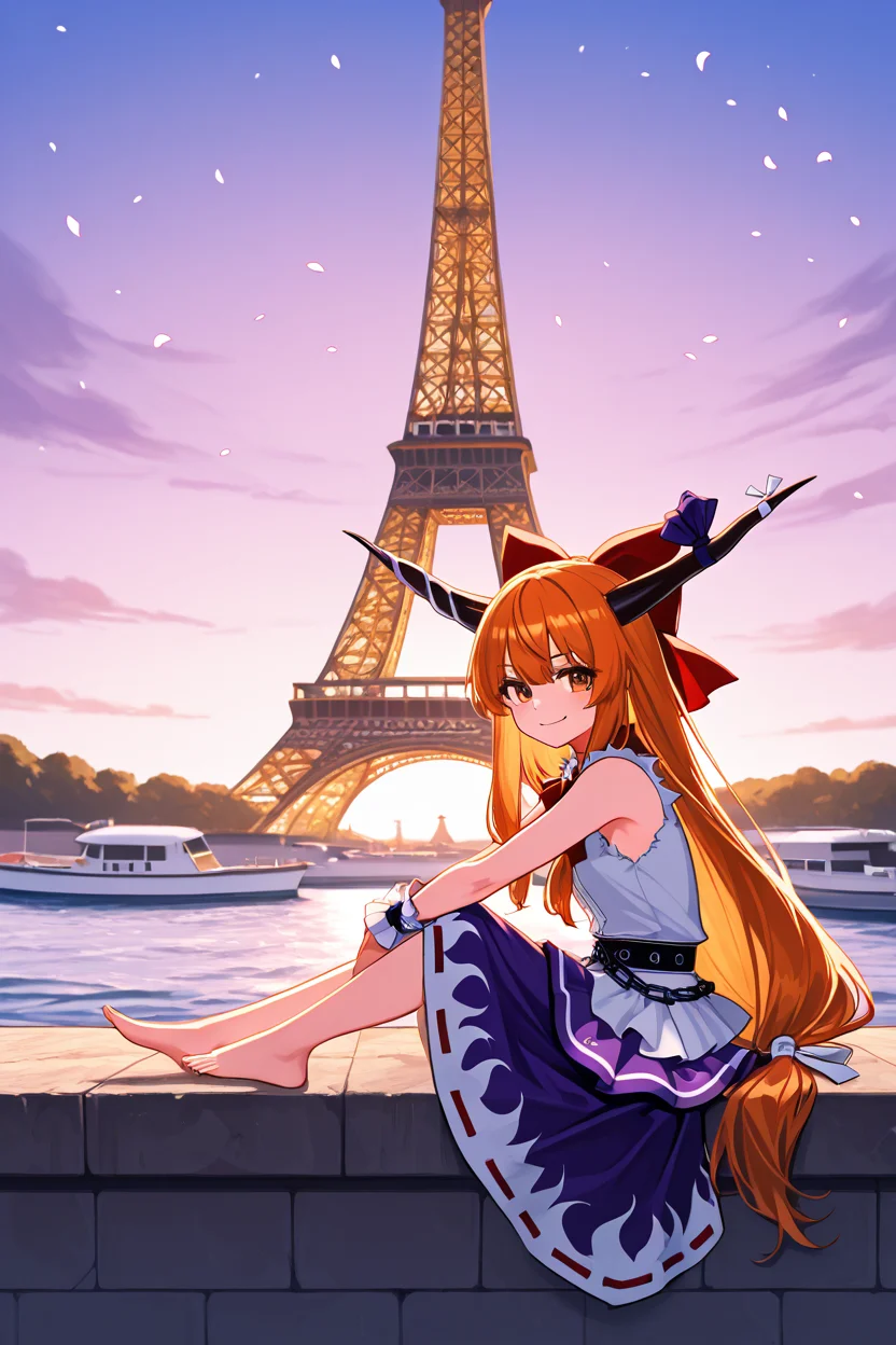 masterpiece, best quality, 1girl, solo, 21 year old model, eyelashes, (beautiful eyes), ,,, <lora:IbukiSuikaTouhouIXL:1.0>, zzSuika, brown eyes, hair bow, horns, long hair, low-tied long hair, oni horns, orange hair, very long hair, horn ribbon, sleeveless shirt, wrist cuffs, bow, ribbon, horn ornament, sleeveless, chain, skirt, shirt, ,,, zzEiffelTower in background, sitting, watercraft, boat, sitting on wall, side view, looking at viewer, smile,,, blooming stars, luminescent petals, otherworldly fragrance blurry background, <lora:EiffelTowerIXL_v2:1.0>,