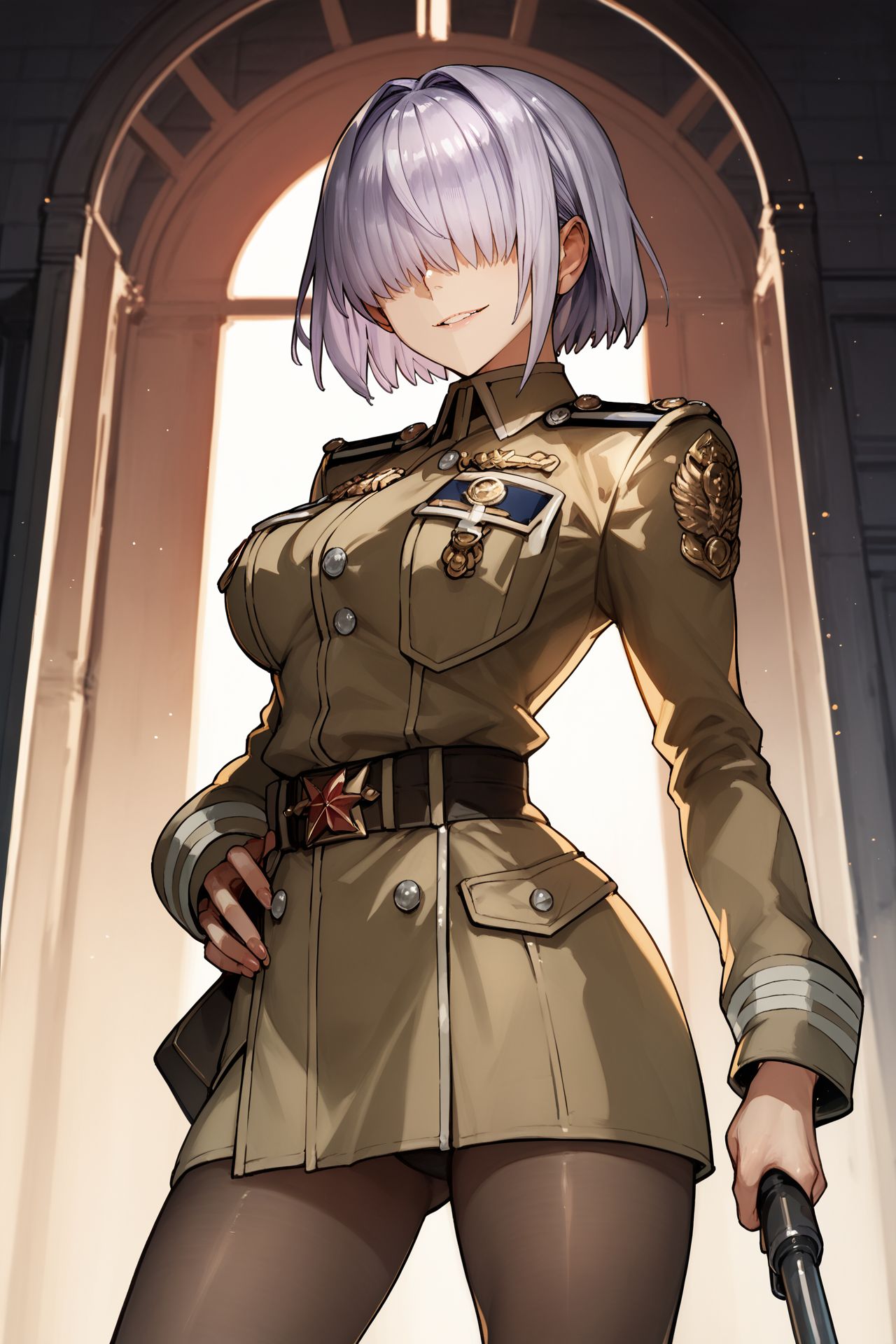 score_9, score_8_up, score_7_up, 1girl, looking at viewer, hand_on_hip, smile, light purple hair, hair over eyes, blue eyes, breasts, golden military uniform, frontlighting, crosswalk, atmospheric perspective <lora:wada_arco_PonyXL_style_v01:1>