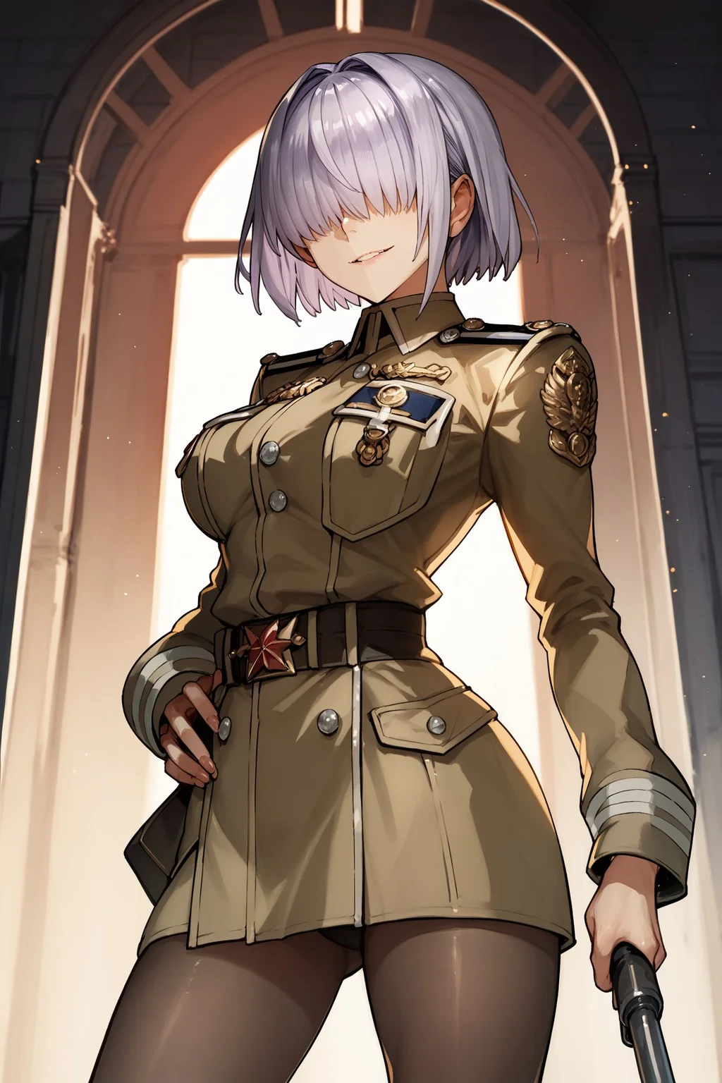 score_9, score_8_up, score_7_up, 1girl, looking at viewer, hand_on_hip, smile, light purple hair, hair over eyes, blue eyes, breasts, golden military uniform, frontlighting, crosswalk, atmospheric perspective <lora:wada_arco_PonyXL_style_v01:1>