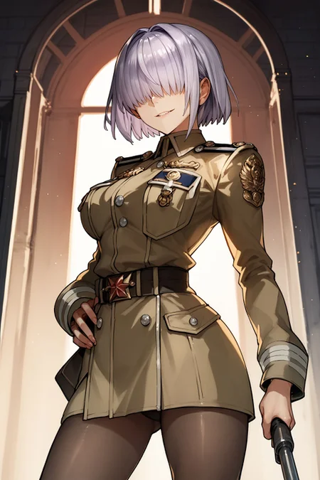 score_9, score_8_up, score_7_up, 1girl, looking at viewer, hand_on_hip, smile, light purple hair, hair over eyes, blue eyes, breasts, golden military uniform, frontlighting, crosswalk, atmospheric perspective <lora:wada_arco_PonyXL_style_v01:1>