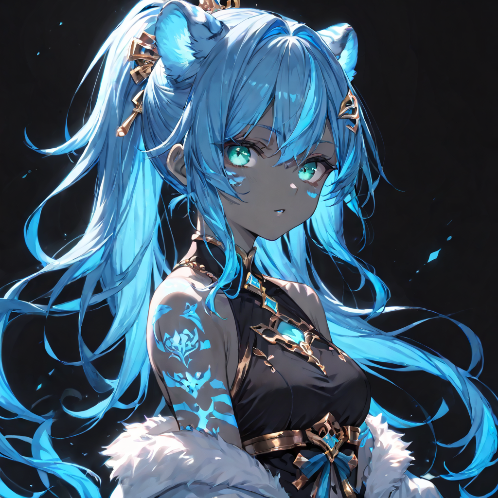 embedding:PonyScores7, solo, two-tone hair, darkslateblue hair, deepskyblue hair, Ponytail, turquoise eyes, cyan glowing tiger tattoo, (luminous) <lora:Concept\g1owingtatt00:0.8>,      Slightly parted lips,  (black background), glow, neon,monochrome <lora:Style\Monochrome_Neon_Glow_Style:0.9>