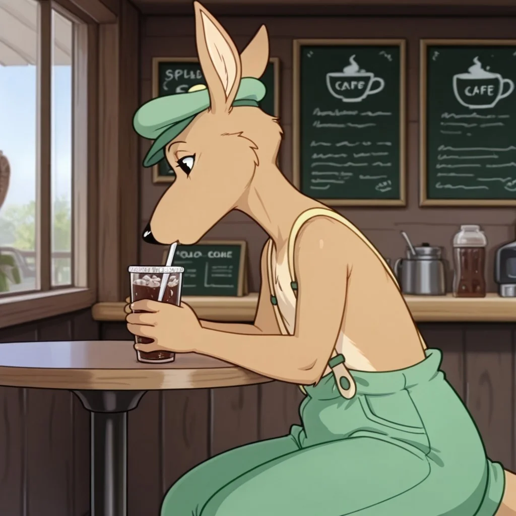 masterpiece, best quality, amazing quality, Splodgebbil, semi-anthro, male, kangaroo, tan fur, black eyes, tail, green hat, green pants, yellow suspenders,sitting at a cafe, drinking a soda