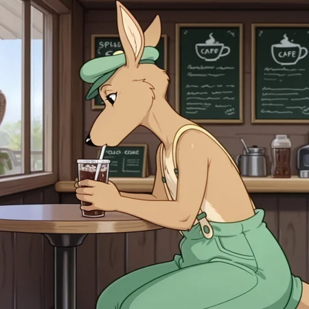 masterpiece, best quality, amazing quality, Splodgebbil, semi-anthro, male, kangaroo, tan fur, black eyes, tail, green hat, green pants, yellow suspenders,sitting at a cafe, drinking a soda