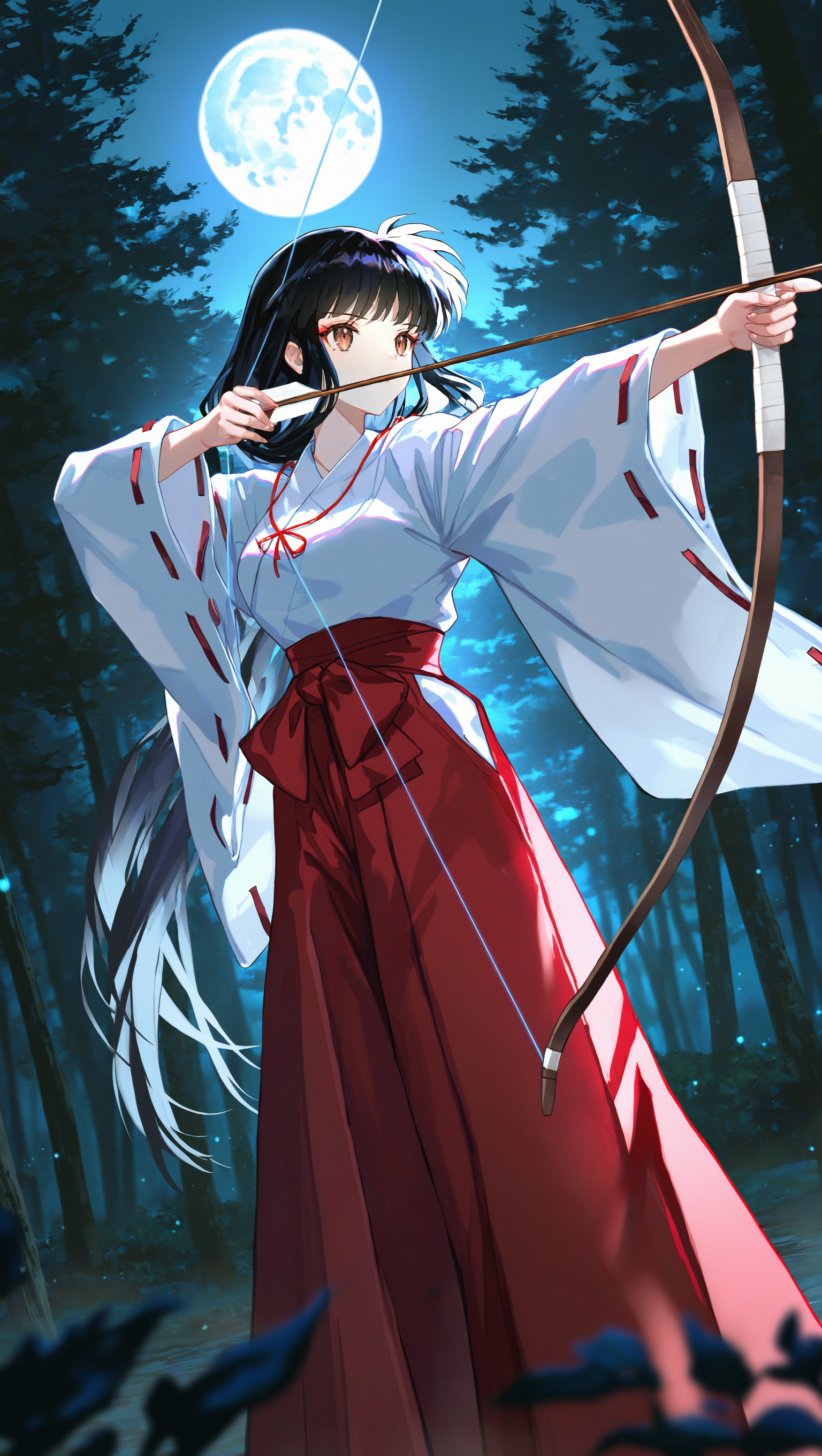 (artist:[|diyokama|fuzichoco|yoneyama mai|lam \(ramdayo\)|quasarcake]:0.8), (takahashi rumiko \(style\):1.2),
kikyou \(inuyasha\), 1girl, solo, holding bow \(weapon\), miko, brown eyes, black hair, night, holding arrow, wide sleeves, full moon, red hakama, archery, aiming, hakama skirt, outdoors, white kimono, very long hair, forest, long sleeves, absurdres
dark, backlighting, outdoors, scenery,
masterpiece, best quality, very awa, absurdres
<lora:noobai_vpred_1_inuyasha_v1:1>
<lora:noobai_vpred_1_masterpieces_v1:1>