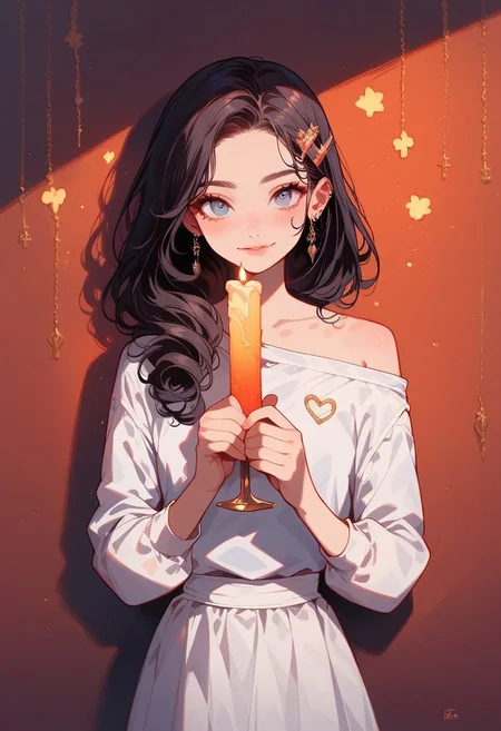 score_9, score_8_up, score_7_up, c0l0urc0r3, cute, faded bright colours, Expressiveh, ultra detailed, dynamic sunlights, dynamic shades, faded bright colours, low light, one cute women, solo, ware shoulder, holding candle, standing against the wall, wearing white gown, long hair, brunette, cute smile, <lora:Expressive_H:0.8>, <lora:c0l0urc0r3XLP2:0.7>