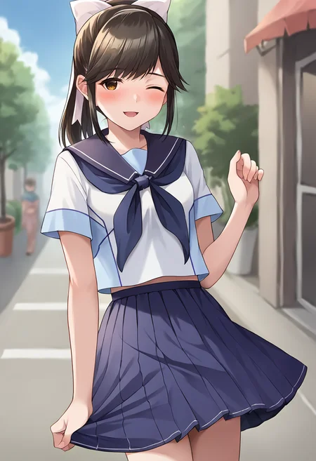 score_9, score_8_up, score_7_up, masterpiece, source_anime 1girl, ct_m4na, long hair, ponytail, hair bow, white serafuku, short sleeves, blue sailor collar, blue neckerchief, blue skirt, outdoors, city, depth of field, looking at viewer, cowboy shot, hand up, one eye closed, happy, blush,<lora:Manaka Takane_Pony_ct_ver2:1>