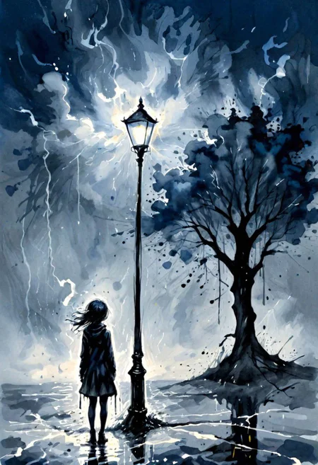 linquivera, liiv1, (anime:0.3), inkpunk, art by alexeyegorov inked, girl waiting, bleak, ink splashes, ink spots, ink smears, evoking loneliness and solitude, bold strokes, ink illustration, torrential thunderstorm, very windy, night, very dark, water splashing, water spraying, vision obscured, gray and black and dark blue tones, desolate, lamppost, puddles, distant headlights liiv1