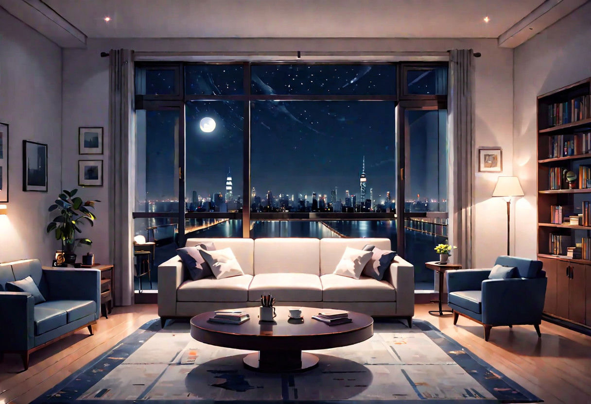 ((front view)), Shallow scene, ((animation style)), modern-style interior, with white walls, (large windows), a  study, Sofa, coffee table, bookcase, single wall, gloomy room, Turn off the indoor lights and turn on only the desk lamp, quiet and mysterious night sky, starry sky, moonlight, city night view, (City high-rise building scenery), (City scenery outside the window)