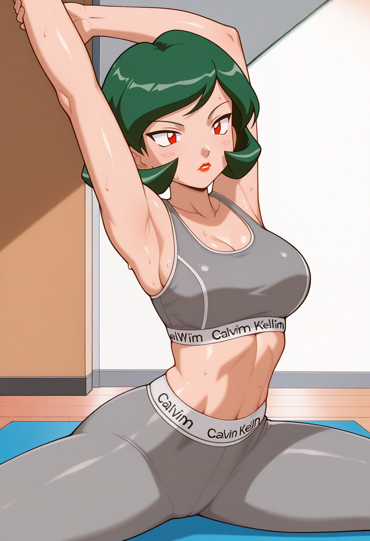 masterpiece, best quality, good quality, <lora:PMWendyIL:0.9>, PMWendy, 1girl, solo, green hair, short hair, red eyes, lipstick, breasts, 
sports bra, calvin klein, grey bra, yoga pants, grey pants, 
sweat, shiny skin, cammy stretch \(meme\),
BREAK gym, yoga mat,