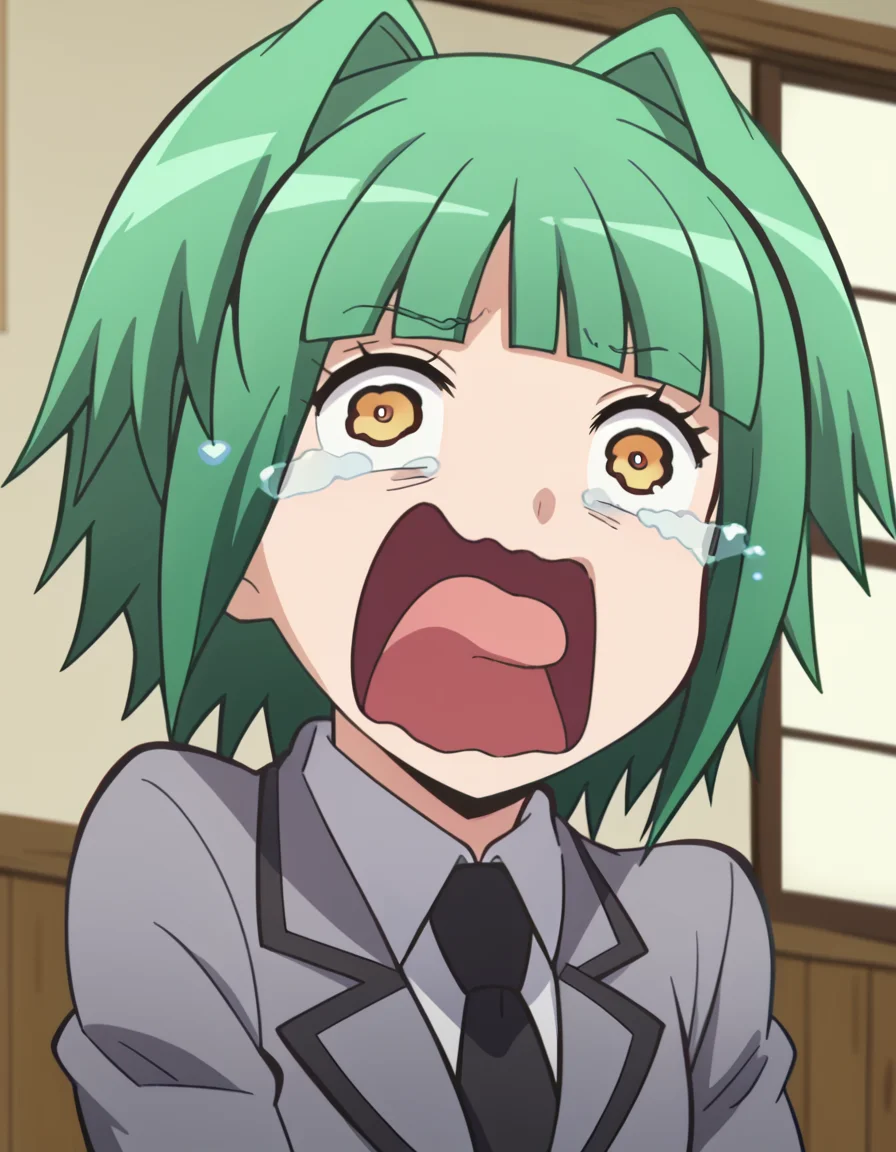 score_9, score_8_up, score_7_up, source_anime, <lora:kaede-kayano-s1s2-ponyxl-lora-nochekaiser:1>, kaede kayano, short hair, bangs, brown eyes, yellow eyes, green hair, hair intakes, anime screencap,, blazer, grey blazer, school uniform, pleated skirt, necktie, grey skirt, black necktie, white shirt, collared shirt, long sleeves,, house, home, family, rooms, yard, smile, <lora:crying-aqua-ponyxl-lora-nochekaiser:1> crying aqua, crying aqua (meme), screaming, crying, crying with eyes open, tears, tongue, open mouth,, looking at viewer, solo,, dutch angle, cowboy shot