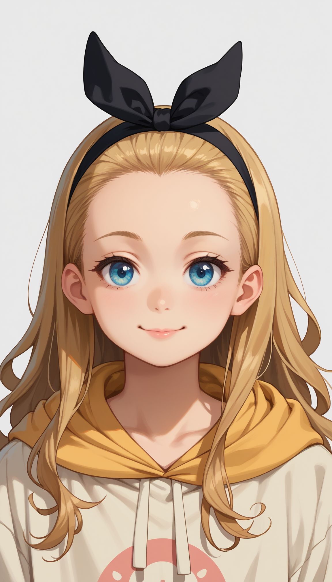score_9, score_8_up, score_7_up, score_6_up, , solo, 20yo woman, (Beuty:1.1) , (cute:1.3), ,perfecteyes , seductive smile,perfect (photo realistic:1.2), (simple background:1.1), looking at viewer, ,close portrait, face focus, V sign, smile, upper body, 
 <lora:Kurumi:1> kurumi \(lycoris recoil\), blonde hair, hair ribbon, long hair, black ribbon, black hairband, forehead, blue eyes, long sleeves, white hoodie