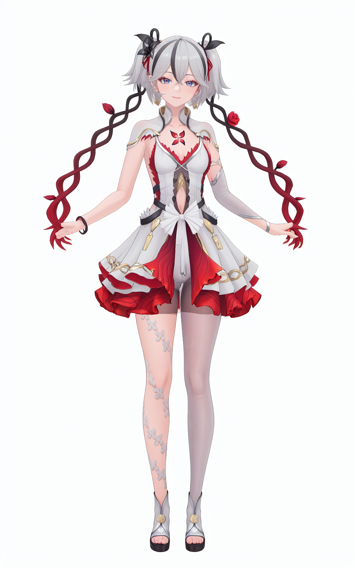 8k, best quality, masterpiece, (ultra-detailed), (high detailed skin), (by nanoless, by misumi \(macaroni\),:0.5), 
A full-body portrait of a young girl, standing gracefully, pastel art style, high-key lighting, shoujo manga influence, hd quality, delicate details, 
full body, full shot, standing, looking at viewer, (solo:1.2), simple background, white background, 
<lora:chun-sd-Tanger-000019:0.8>, chun, white chun-def dress, 1girl, red floral tattoo on chest, breasts, twintails, multicolored hair, grey hair, grey eyes, dress, white single pantyhose,