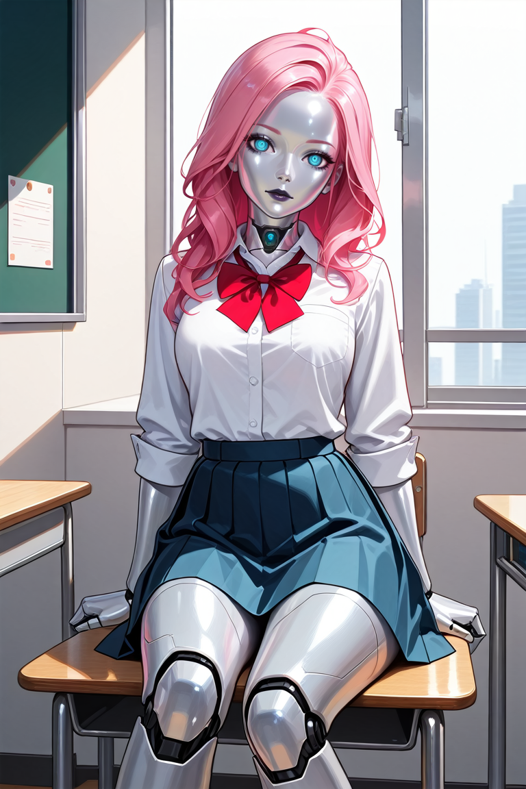 masterpiece, best quality, absurdres,
<lora:ILCyberLizzy:0.8>
CyberLizzy, 1girl, silver skin, robot, long hair, pink hair, looking at viewer, in classroom, school uniform, sitting