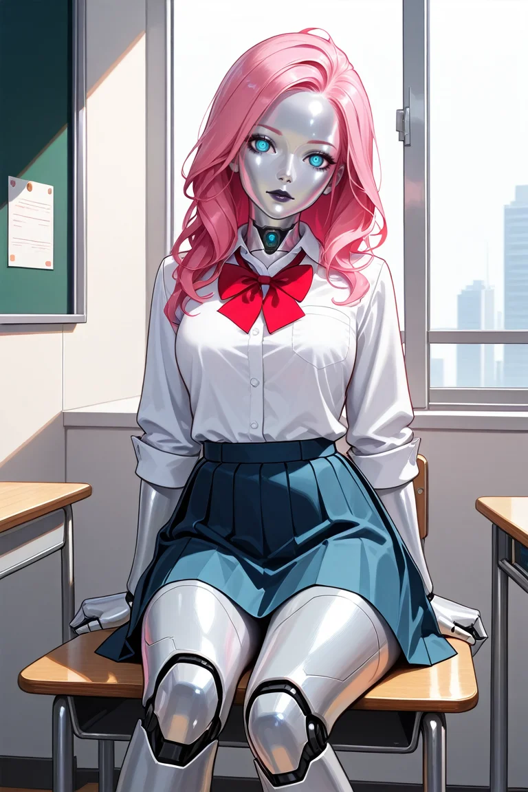 masterpiece, best quality, absurdres,
<lora:ILCyberLizzy:0.8>
CyberLizzy, 1girl, silver skin, robot, long hair, pink hair, looking at viewer, in classroom, school uniform, sitting