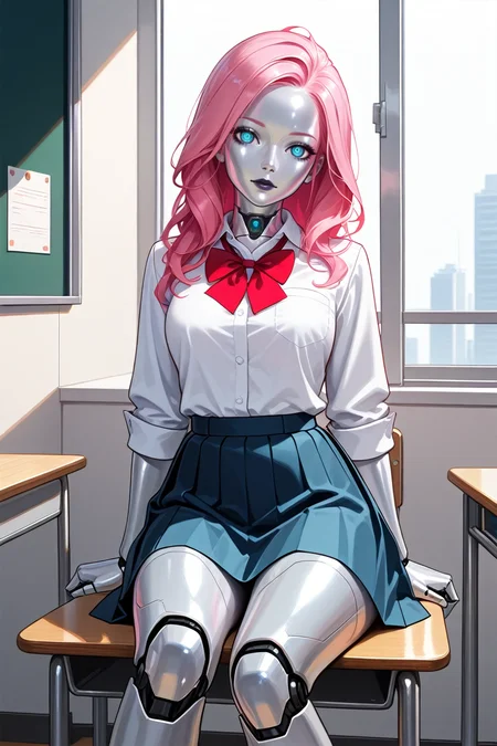 masterpiece, best quality, absurdres,
<lora:ILCyberLizzy:0.8>
CyberLizzy, 1girl, silver skin, robot, long hair, pink hair, looking at viewer, in classroom, school uniform, sitting