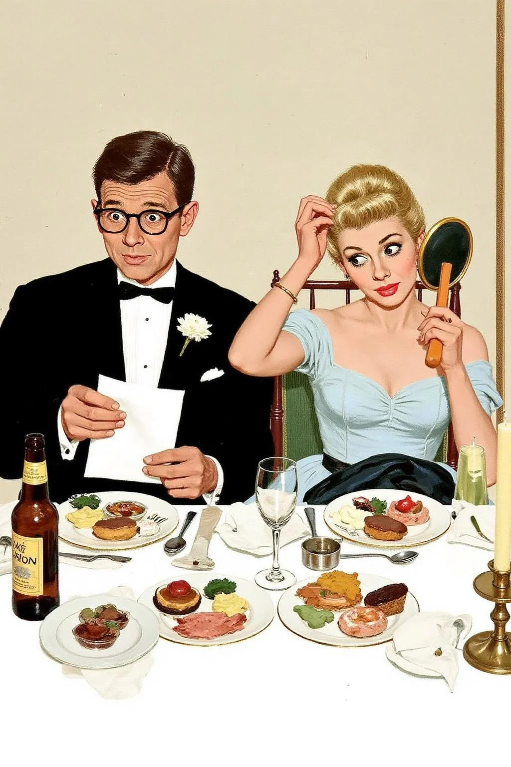 kard1 illustration
A man and a woman seated at a table covered with a white tablecloth.
kard1 illustration, close up portrait of a couple at a restaurant.
The man, on the left, is dressed in a classic black tuxedo with a white bow tie and a white boutonniere on his lapel. He is wearing glasses and holding a piece of paper, looking surprised or confused. His hair is neatly styled. In front of him, there are various items on the table, including a bottle of beer, a plate with food, a glass, and a candle.
The blond woman is fixing her hair while looking at a handheld mirror.
<lora:kard1_cap_d6a3:1.0><lora:816537342689975599:0>