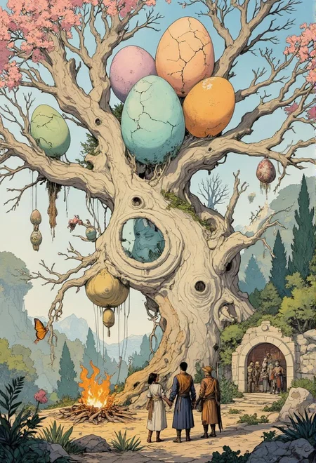 <lora:Illustration concept variant 2.safetensors:1>
In a gentle, pastel-hued forest, an ancient, gnarled tree stands as a testament to the enduring cycle of life. From its weathered trunk, three egg-like orbs emerge, their surfaces adorned with intricate, organic cracks. The tree's bark is a soft, cream color, blending seamlessly with the pale, teal and orange hues of the eggs, creating a harmonious tableau of nature's cyclical elements.
The forest around the tree is bathed in soft, diffused light, casting a warm, almost dreamlike glow. The leaves and foliage swirl gently, their pastel colors—soft pinks, blues, and yellows—adding depth and serenity to the scene. The air is filled with the subtle scent of blooming flowers, their delicate petals peeking through the underbrush, symbolizing the rebirth of a once-barren landscape.
A butterfly, its wings a tapestry of pastel hues, emerges from a chrysalis hanging from a lower branch of the tree, its delicate movements a metaphor for transformation and renewal. Nearby, a small group of friends, each an adult with distinct features— soft-spoken Aurelia, the weaver, in a simple tunic, a robust blacksmith with a kind smile, and a graceful merchant adorned in flowing robes—stand hand in hand. They gather around a central fire, their faces lit by the warm, gentle flames, symbolizing unity and support.
A mural adorns the side of a nearby rock, depicting moments of collective triumph and solidarity—villagers working together to rebuild a home, soldiers standing united in battle, and families coming together to celebrate. The scene is a tapestry of healing and hope, inviting the viewer to reflect on their own journey of growth and renewal, finding comfort in the knowledge that we are all connected in the cycle of life.