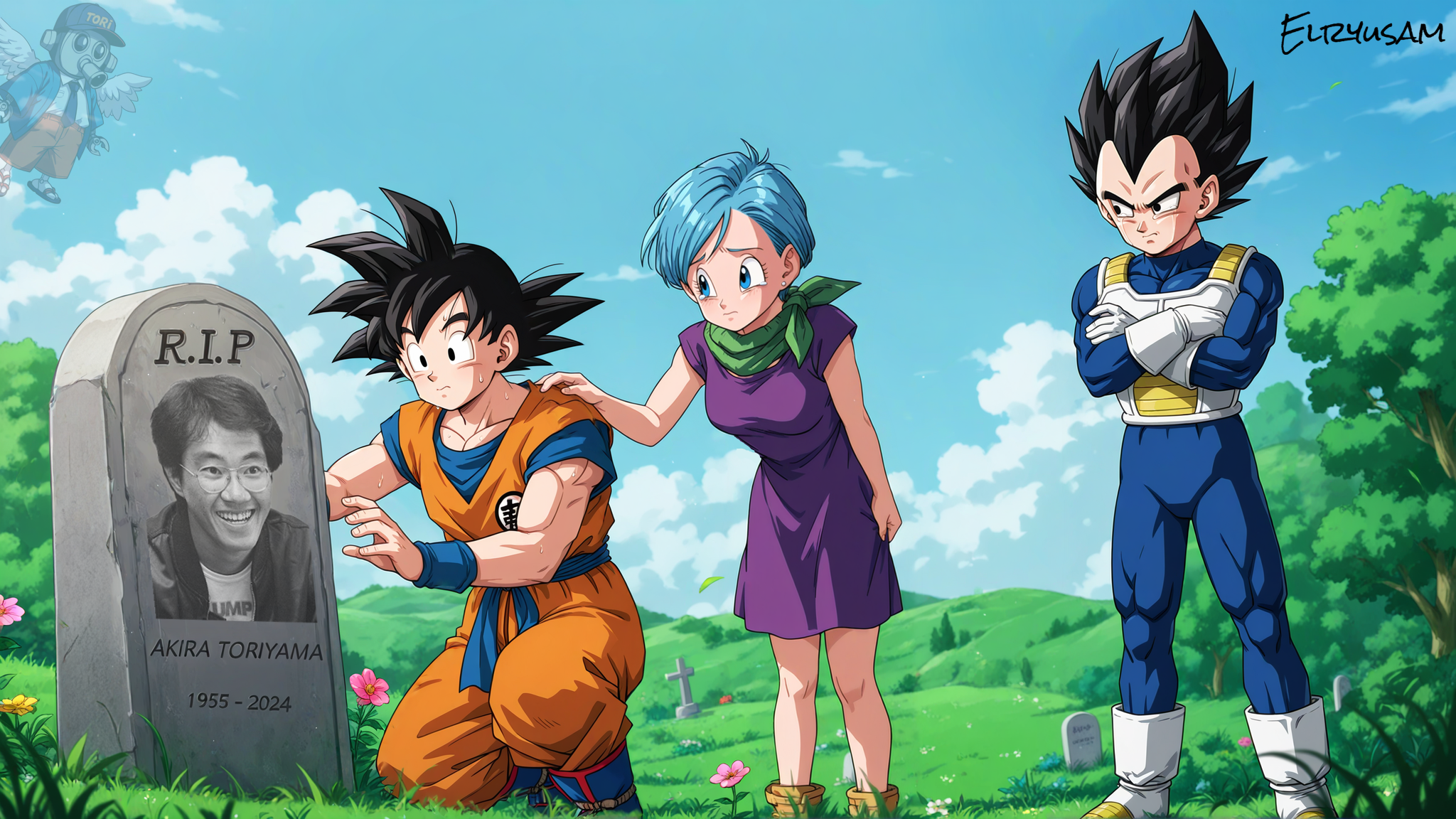 masterpiece, best quality, absurdres, very aesthetic, general
vegeta, outdoors, grass, flowers, trees, sky, tombstone, toriyama_akira, dragon ball, text: R.I.P