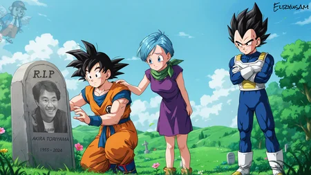 masterpiece, best quality, absurdres, very aesthetic, general
vegeta, outdoors, grass, flowers, trees, sky, tombstone, toriyama_akira, dragon ball, text: R.I.P