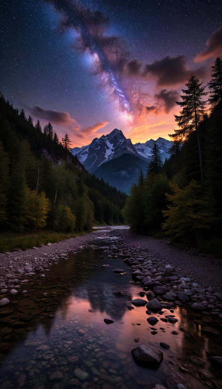 mountain with a river in the fore, and trees and clouds in the background is a starry sky, (Mystic Artwork, glowing, glow, glow focus:1.2), magic colors, creatures, surreal, abstract<lora:aidma-Image Upgrader-v0.1:1>,
