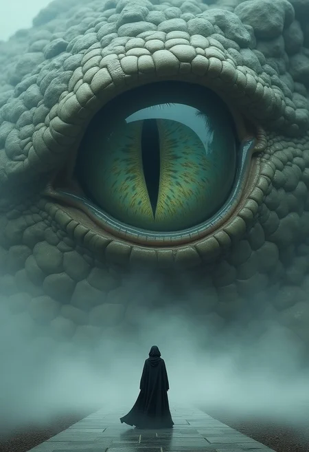 a striking and surreal scene that combines elements of both the natural world and fantasy. Dominating the composition is a massive, reptilian eye, filling almost the entire frame. The eye is highly detailed, with a slit-like pupil that suggests it belongs to a large, powerful creature, perhaps a dragon or another mythical being. The texture around the eye is rugged and scaly, giving the impression of ancient, weathered skin. In the lower portion of the image, a solitary human figure stands before the eye, dressed in a flowing black robe. The figure is tiny in comparison to the colossal eye, emphasizing the vast difference in scale and power between the two. The person stands on a surface that appears to be water or mist, which reflects the eerie, otherworldly light that surrounds the scene. The atmosphere is misty and dreamlike, adding to the sense of mystery and awe. Overall, the image is both dramatic and thought-provoking, blending cultural elements with a fantastical imagination to create a visually captivating scene.