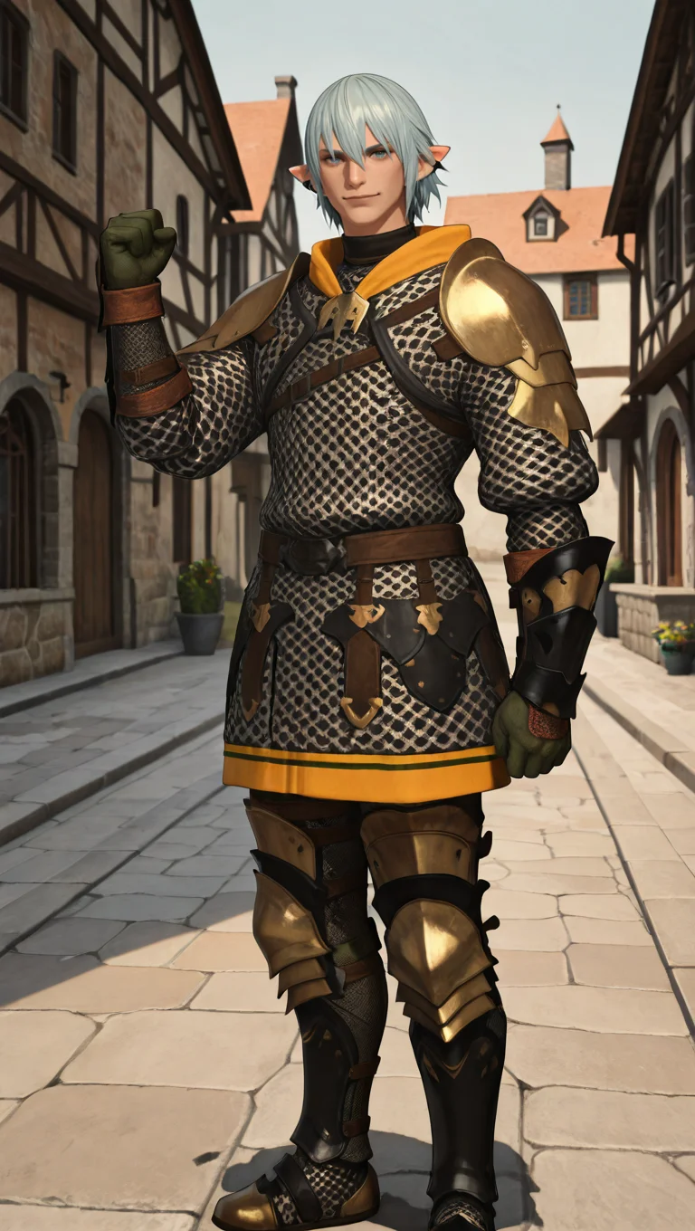 masterpiece,best quality,absurdres,newest,perfect quality,best quality,absolutely eye-catching,detailed background,male focus,solo,realistic,<lora:FFXIV - Haurchefant Greystone - Illustrious-000006:0.7>,hgreystone,1boy,adult male,elezen,pointy ears,silver blue hair,short hair,blue eyes,ear cuffs,chainmail armor,gauntlets,leg armor,armored thigh boots,outdoors,town,standing,fist pump,looking at viewer, smiling