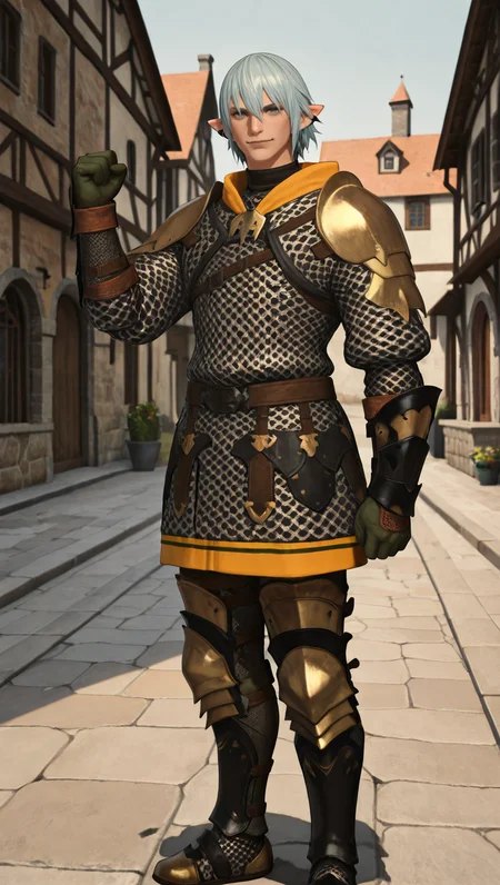 masterpiece,best quality,absurdres,newest,perfect quality,best quality,absolutely eye-catching,detailed background,male focus,solo,realistic,<lora:FFXIV - Haurchefant Greystone - Illustrious-000006:0.7>,hgreystone,1boy,adult male,elezen,pointy ears,silver blue hair,short hair,blue eyes,ear cuffs,chainmail armor,gauntlets,leg armor,armored thigh boots,outdoors,town,standing,fist pump,looking at viewer, smiling