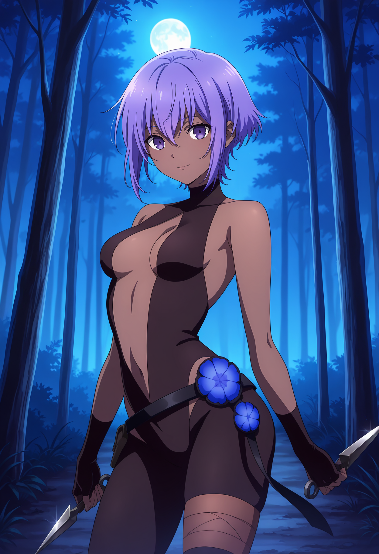 anime screencap, masterpiece, best quality,
<lora:FateGrandOrder_DivineRealm_HassanOfTheSerenity_IlluXL:0.9>,
1girl, solo, closed mouth, light smile,
dark-skinned female, short hair, hair between eyes, purple hair, purple eyes,
black bodysuit, sleeveless, center opening, cleavage, small breasts, fingerless gloves, black belt, blue flower, bandaged leg,
dual wielding, holding knife, kunai,
standing, arched back, looking at viewer,
moon, moonlight, night, dark, forest