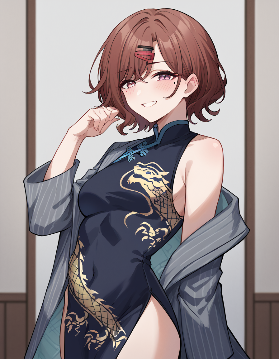 score_9, score_8_up, score_7_up, source_anime, <lora:madoka-higuchi-ponyxl-lora-nochekaiser:1>, madoka higuchi, brown hair, eyebrows hidden by hair, grey background, hair ornament, hairclip, mole, mole under eye, purple eyes, short hair, wavy hair,, <lora:blue-archive-kisaki-cosplay-ponyxl-lora-nochekaiser:1>, blue archive kisaki cosplay, kisaki (blue archive) (cosplay), dragon print, china dress, print dress, chinese clothes, pinstripe jacket, sleeveless turtleneck dress, cosplay, vertical-striped jacket, pinstripe pattern, pelvic curtain, striped coat, grey coat, black dress, sleeveless dress,, indoors, from side, blush, smile,, cowboy shot, looking at viewer
