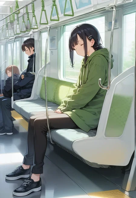 score_9, score_8_up, score_7_up, rating_safe, masterpiece, best quality, absurdres, unity 8k wallpaper, official art, official style, source_anime, game cg, megami magazine, glasses,
e235, seat, close-up, train interior, sitting, holding, black hair, 1girl, hood, wide shot, multiple girls, scenery, black footwear, bag, jacket, tree, black pants, solo focus, holding phone, sleeping, closed mouth, phone, closed eyes, long sleeves, window,
<lora:E235_PONY_V1:1>
