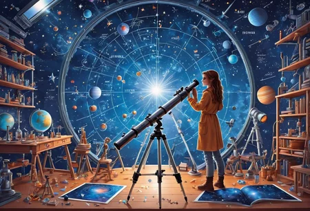 A ciberpunk-style telescope stands on a table in the laboratory,beautiful cute girl looking through a telescope, star map, Clutter-Mechanical