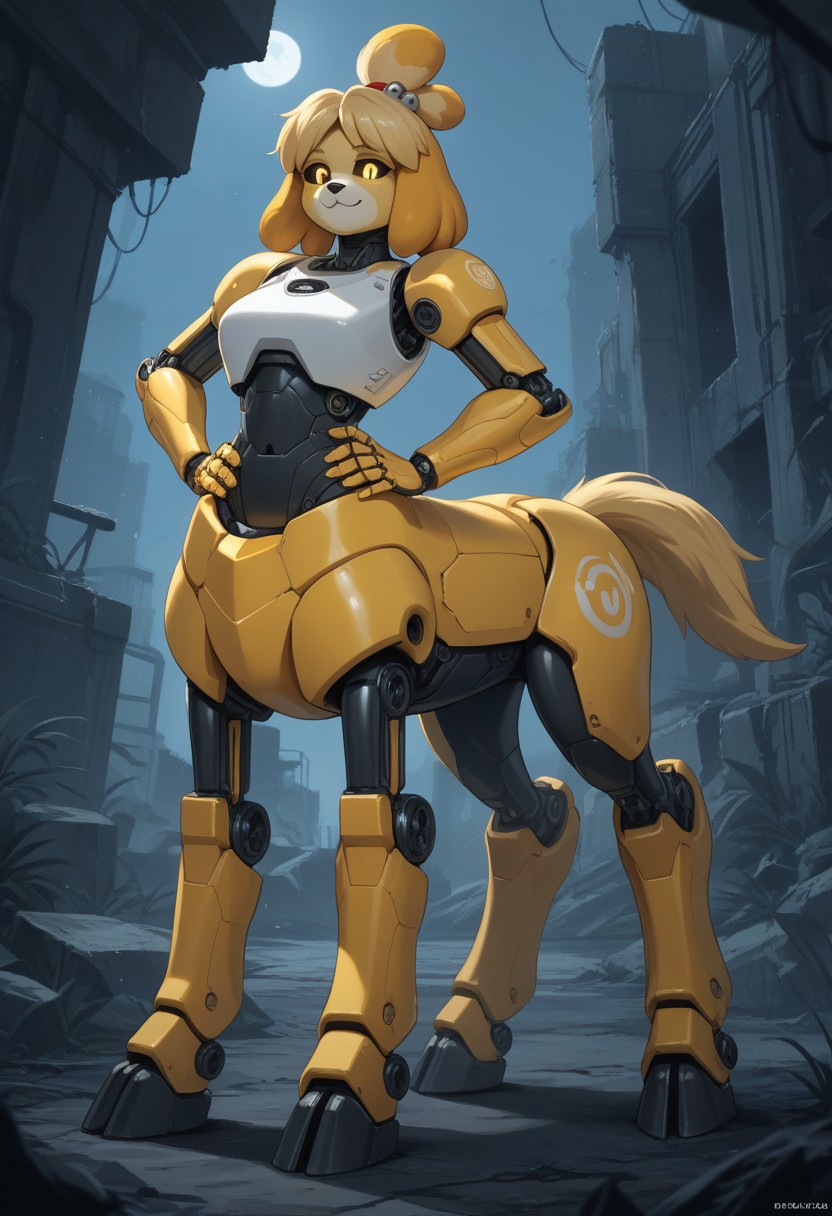 score_9,score_8_up,score_7_up,score_6_up,score_5_up,score_4_up, BREAK Isabelle, robot, centaur, solo, smile, industrial ruins, night, hooves, yellow horse tail, Robot girl, Mecha, Android, mechanical limbs, robot joints, yellow metal skin, black sclera, no mouth, armor, glowing eyes, furry, blond hair, dog head, floppy dog ears, dog nose, hand on hip