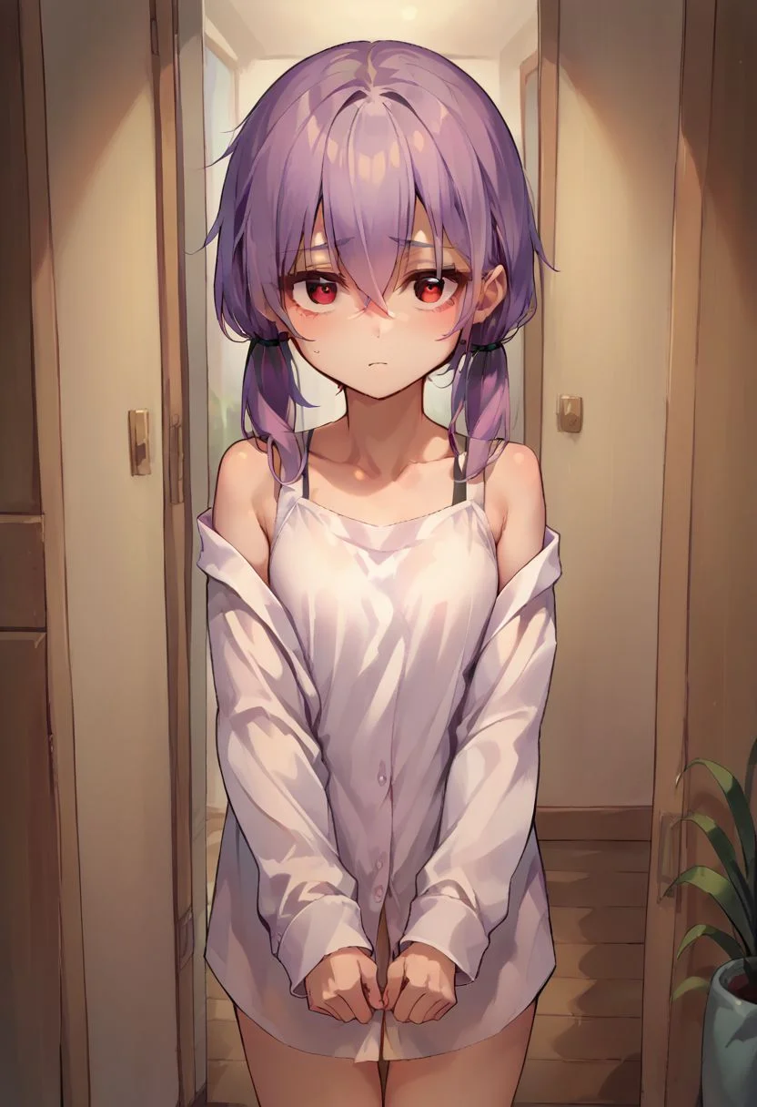 score_9, score_8_up, score_7_up, source_anime, scared to sleep alone,
1girl, solo,
long sleeves, collarbone, short hair, red eyes, hair between eyes,
twintails, purple hair, bare shoulders, white shirt, indoors