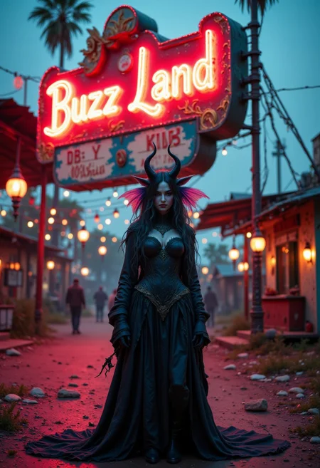 Vibrant Colorful, Realistic, analog photo, very detailed, photorealistic, 4k, the focus of the image is on a beautiful female devil in a defunct and derelict amusement park, a neon sign that reads "Buzz Land", Realistic analog photo, atmospheric lighting, volumetric lighting, cinematic, Epic Film Quality