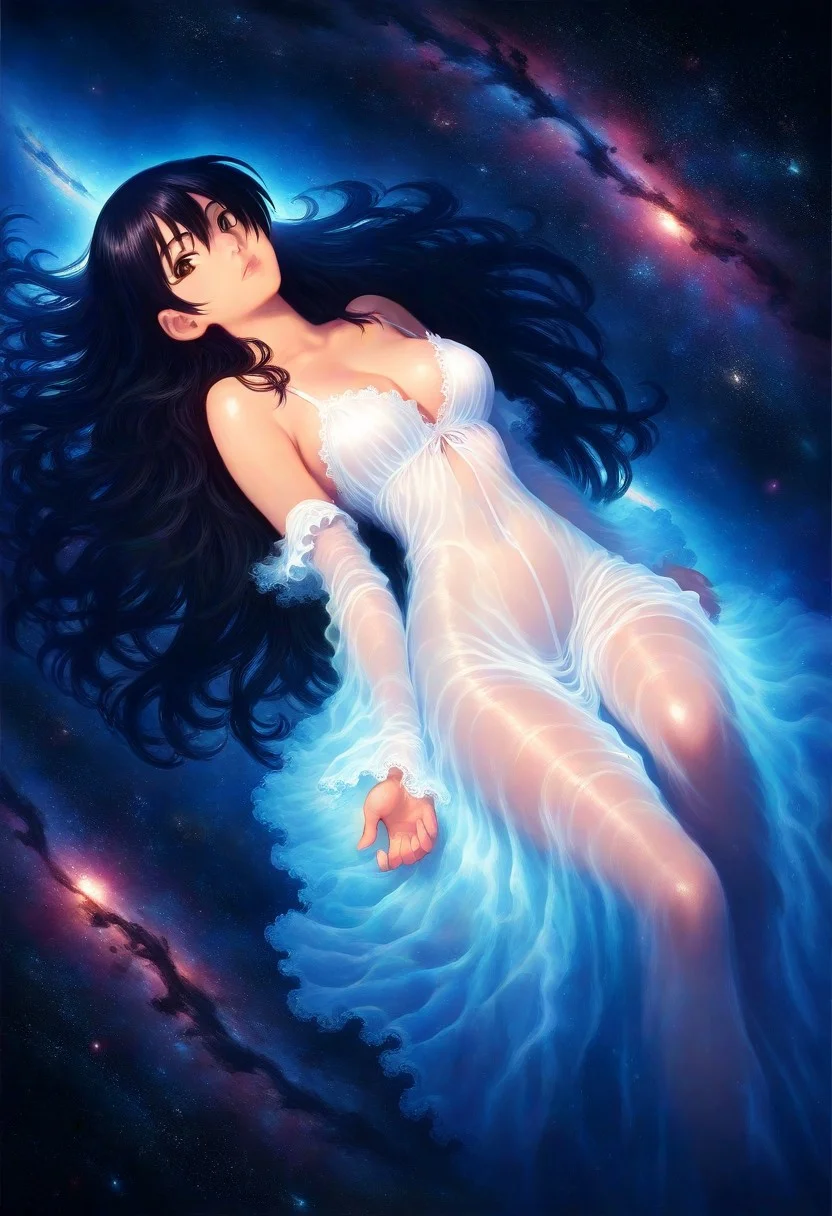 amano yoshitaka, 1girl, (dark dim dramatic atmosphere), 8k portrait of woman with super long black hair, laying on back covered in black hair, transparent silk clothing, flowing clothing, brown eyes, intricate, highly detailed, dynamic angle, arms spread, dramatic, epic, depth of field, detailed background, space, stars, starlight, mad-nbla, digital painting, smooth, sharp focus, ((masterpiece, best quality)), 8k, intricate detail, cinematic lighting, amazing quality, amazing shading, Detailed Illustration, wallpaper, official art