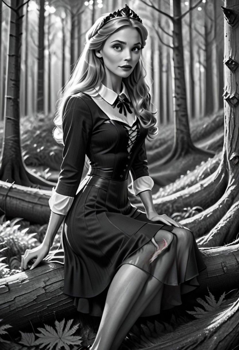 Ultra Realistic, full body shot, classy Aurora, , seated in the forest, classy casual-dress, B&w picture