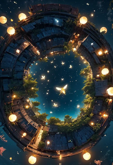 outdoors, The island floating in the air, human, bulding night, , (low light), top-down view, firefly -ar 9:16, high saturation, high contract