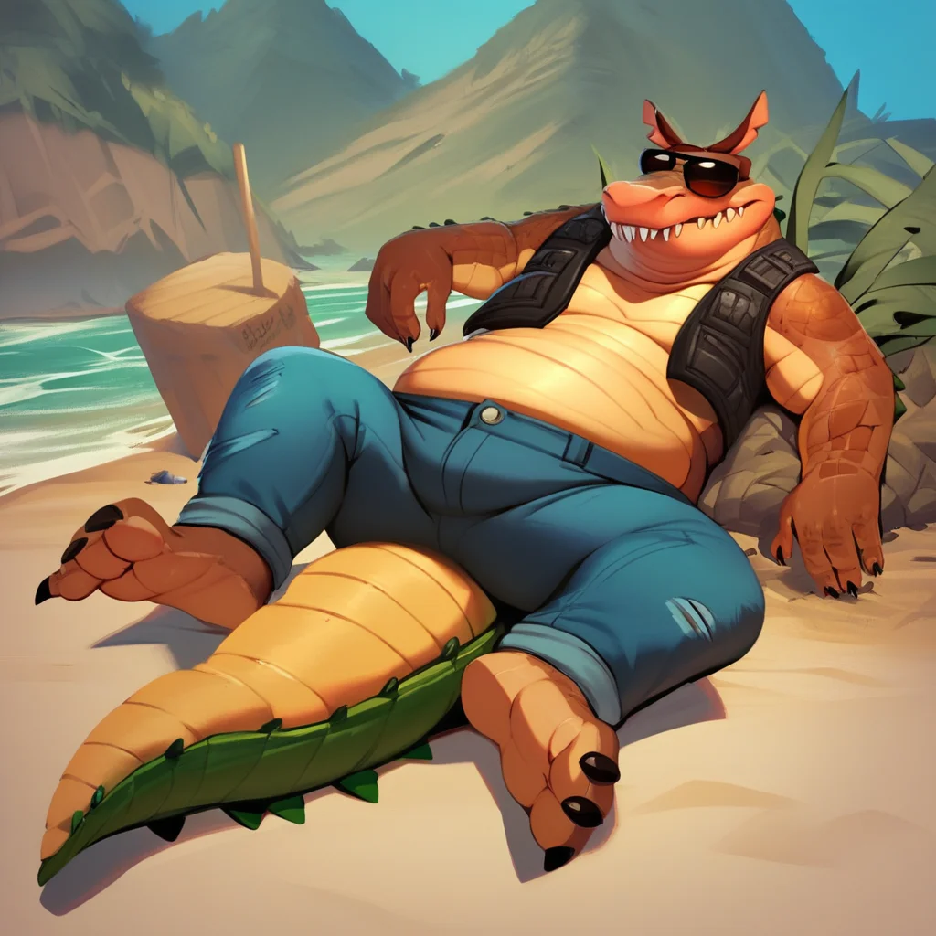 score_9, score_8_up, score_7_up, score_6_up, score_5_up, score_4_up, dingodile, dingo, crocodile tail, monster, mutant, scaly, furry, vest, jeans, fat, chubby, orange eyes, outside, beach background, beach scenery, water, relaxing, laying down, looking at viewer, sunglasses, barefoot,