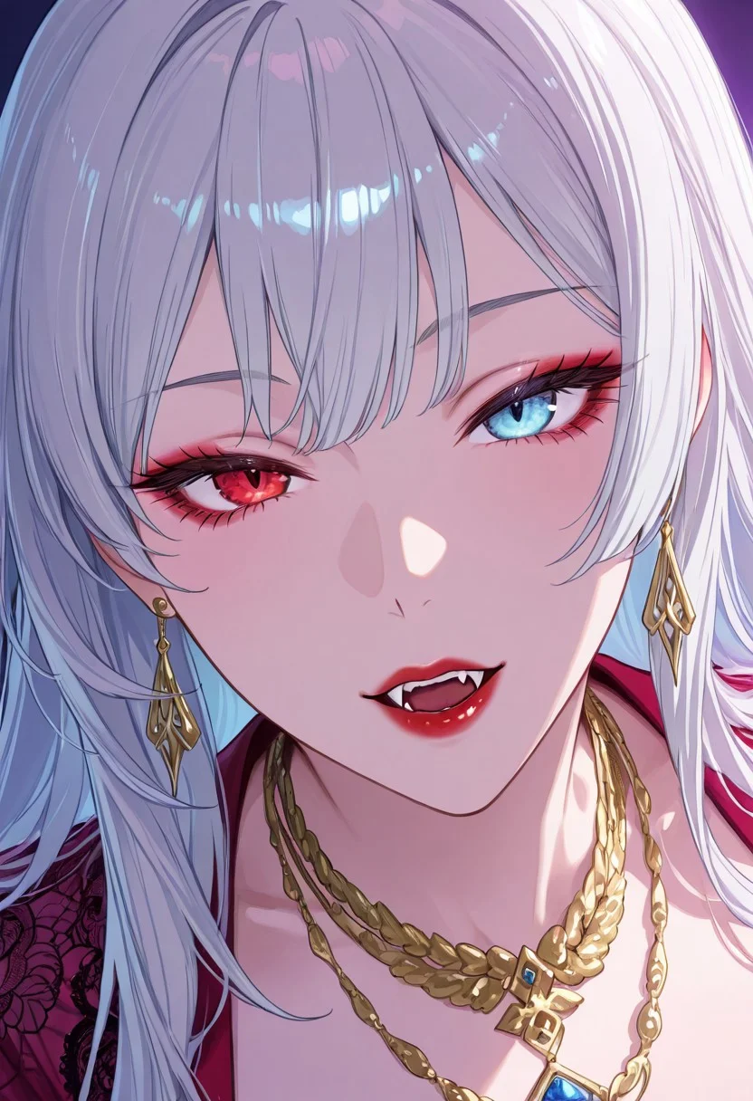 (8k resolution, absolute masterpiece, ultra detailed, best quality, masterpiece, colorful, highest detailed), (intricate details), (dynamic angle), Stunning illustration of Luminous Valentine,Heterochromia, red left eye, blue right eye ,vampire, long silver hair, bangs, earrings and elaborate necklaces, egyptian eyeliner, red lips, fangs, direct sensual gaze, erotic, sexy, close up, silhouetted in moonlight, detailed eyes<lora:add-detail-xl:-1.5>
