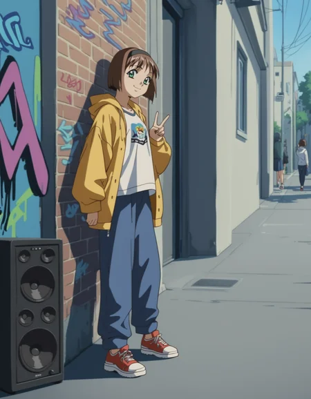 score_9,  score_8_up, score_7_up, <lora:ai-shimai-ponyxl:0.8> 1girl, solo,
tomoko, hairband, streetwear, oversized clothes,
speaker, sidewalk, graffiti, v, smile