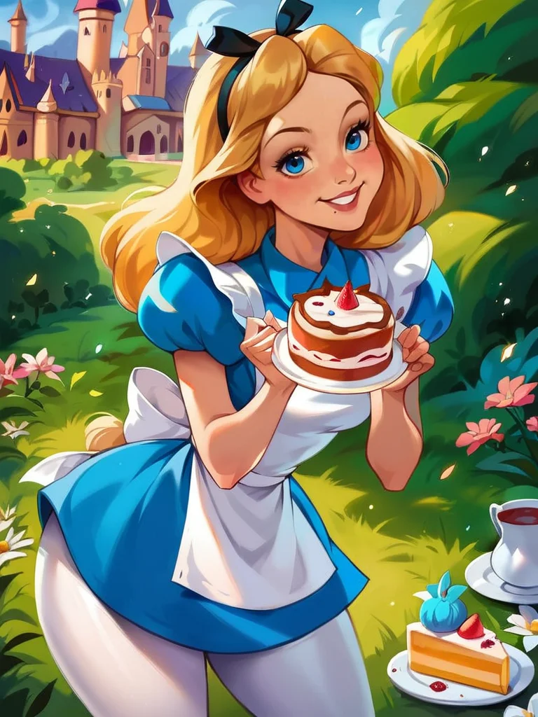 score_9, score_8_up, score_7_up, score_6_up, alice (alice in wonderland), AliceWaifu walking, eating a cake, castle, fantasy, magic particles, leaning forward, cute pose, medium breasts, narrow waist, wide hips, thick thighs, cinematic, naughty face, smile, blue eyes, dress, white pantyhose, apron, black hairband, blonde, disney style, looking at viewer, 
detailed landscape, cowboy shot,
 <lora:AliceInWonderlandXLPony_character:0.7>