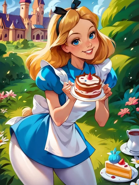 score_9, score_8_up, score_7_up, score_6_up, alice (alice in wonderland), AliceWaifu walking, eating a cake, castle, fantasy, magic particles, leaning forward, cute pose, medium breasts, narrow waist, wide hips, thick thighs, cinematic, naughty face, smile, blue eyes, dress, white pantyhose, apron, black hairband, blonde, disney style, looking at viewer,
detailed landscape, cowboy shot,
<lora:AliceInWonderlandXLPony_character:0.7>